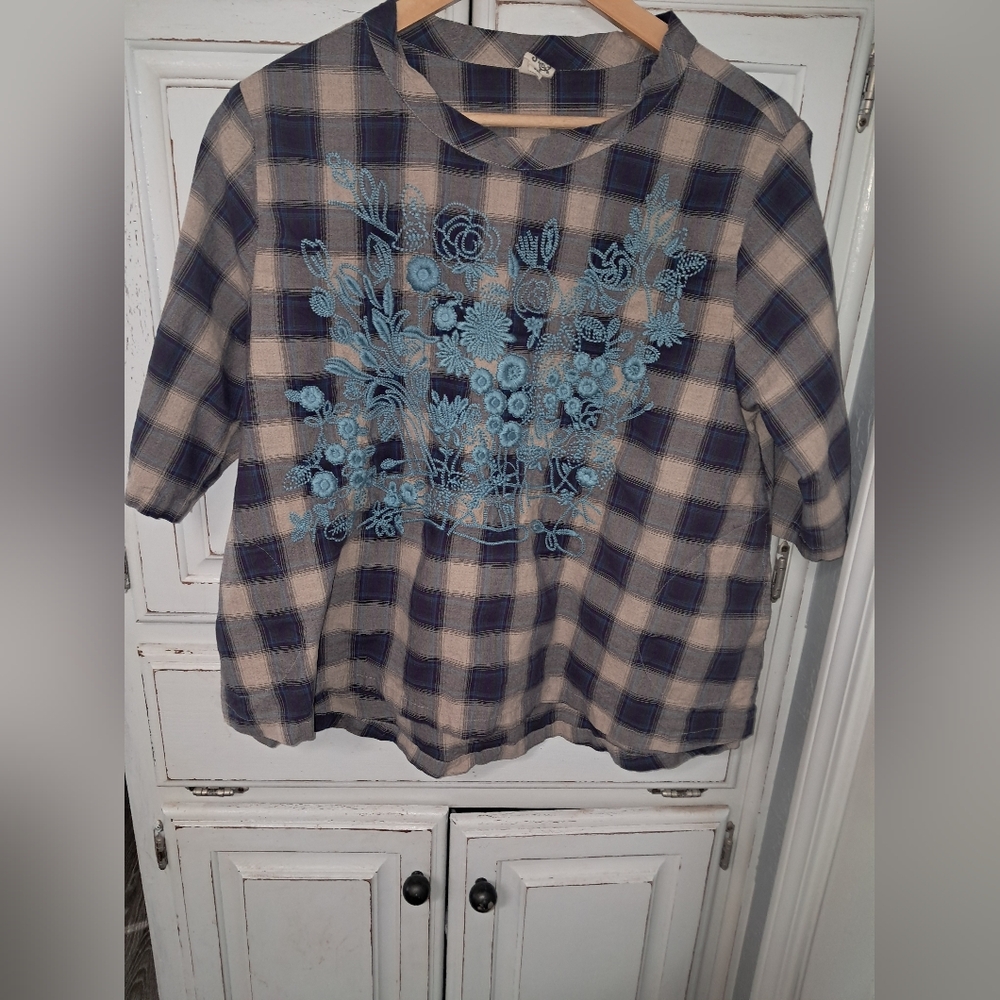 Ivy Jane Kids Checkered Shirt with Blue Floral Embroidery